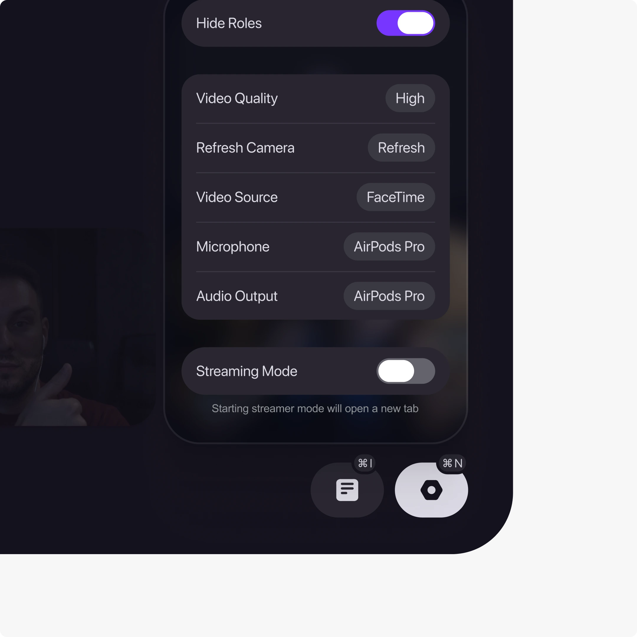 In-game settings — video quality, source, streaming mode